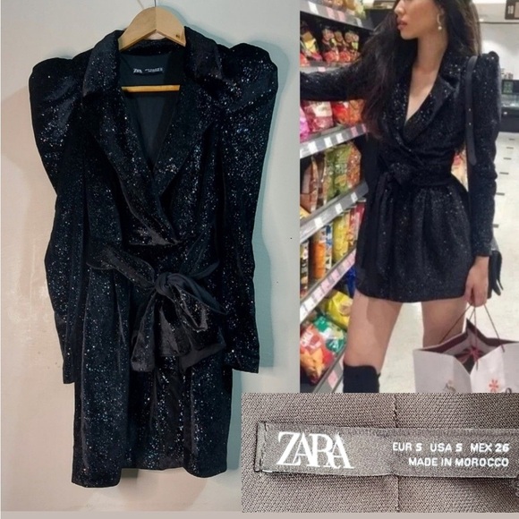 Zara Dresses & Skirts - Zara Glitter Black Velvet Blazer Dress Size: S mini, sparkly, shoulder pads